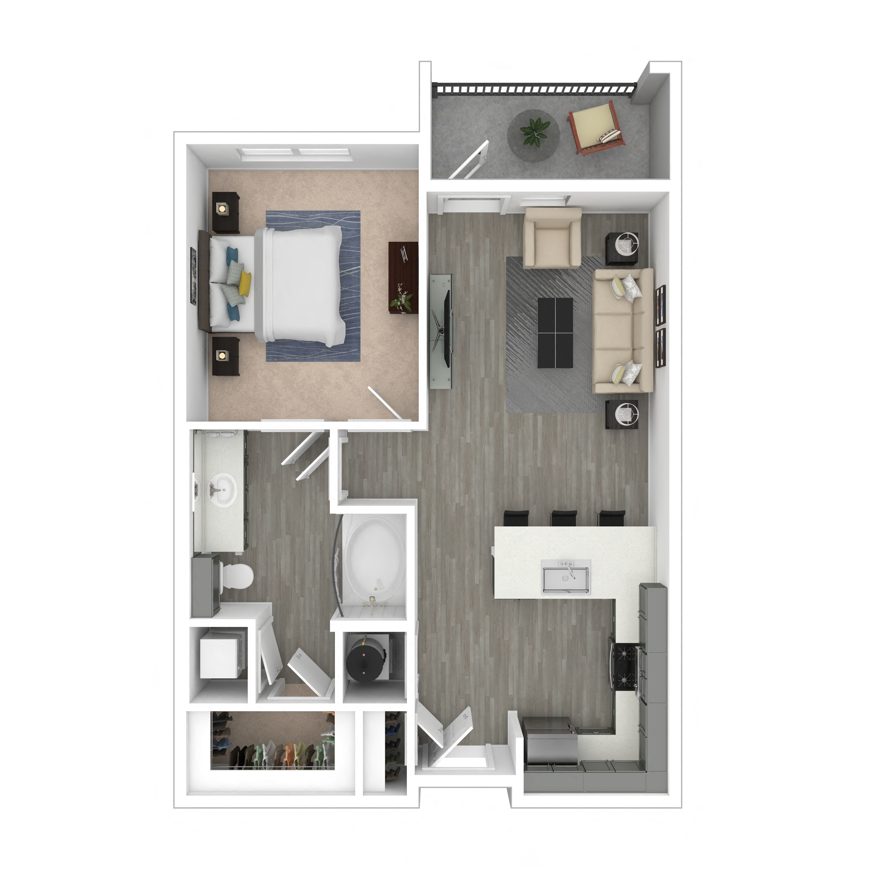 Floor plan for 1 bed, 1 bath, 743 sqft
